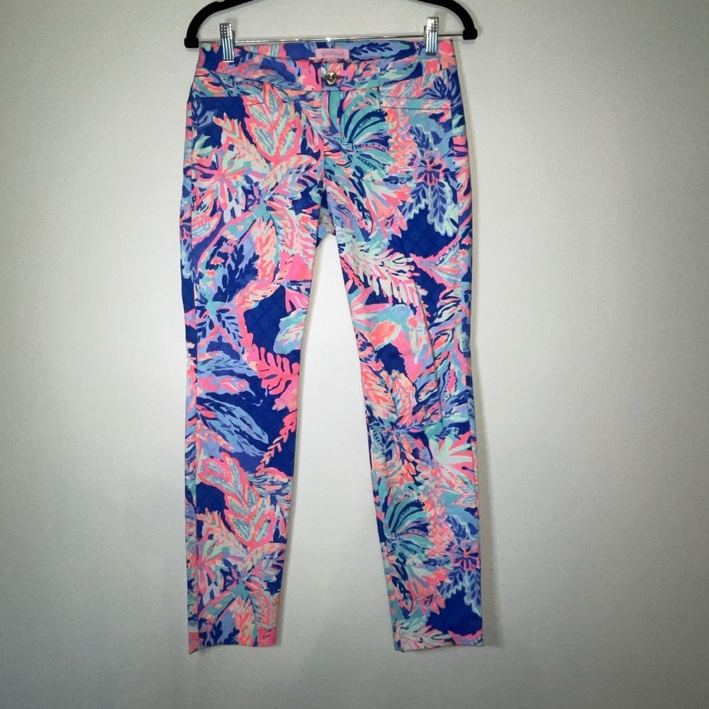 Lilly Pulitzer Worth Skinny Tropical Beach Floral Stretch Pants Size 0 Blue Pink